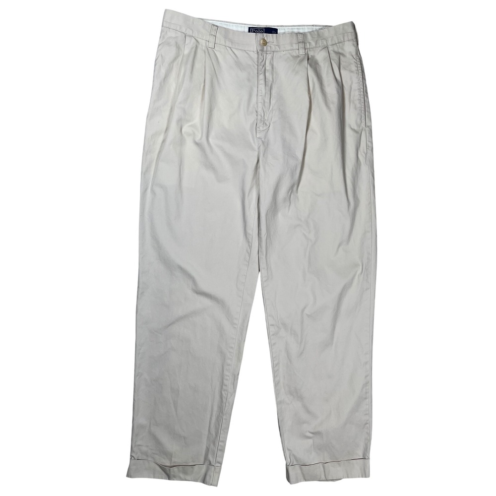 VTG Polo Ralph Lauren Hammond Pants Men 34x30 Beige Pleated Cuffed Cotton Chinos